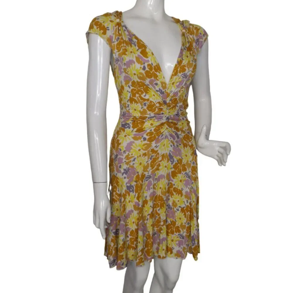 FREE PEOPLE Dress, M, Soft Ribbed, Plunging V,  Yellow/Purple Floral, Cap sleeve - Picture 3 of 14